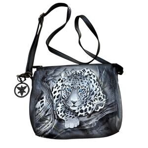 Anuschka hand painted leather purse shoulder bag crossbody gray & white tiger